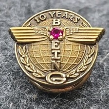 Vintage 1/10th 10K Gold Filled BOEING 10 Year Pin Ruby 9/16"x1/2" Screw Back