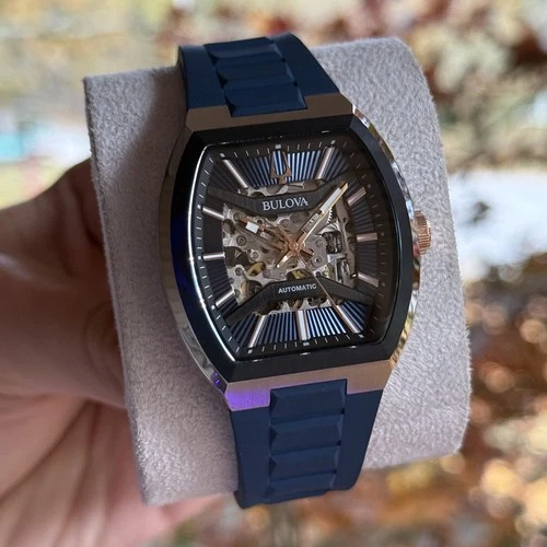 Bulova Maquina 98A318 Automatic Blue Skeleton Dial Stainless Steel Men's Watch - product listing photo