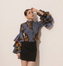 dramatic Ankara-style blouse featuring tiered bell sleeves L Boho Tribal