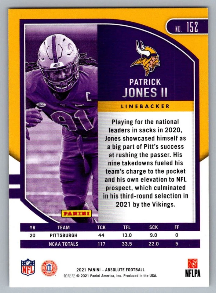 2021 Panini Absolute Patrick Jones II Minnesota Vikings #152 - Image 2 of 2