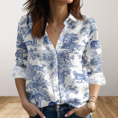 Toile De Jouy Animal Blouse Shirt Blue Safari Wildlife Women Shirts