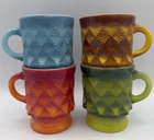 VTG Fire King Kimberly Diamond Pattern Pedestal Coffee Mug Cup Set Of 4 Colors