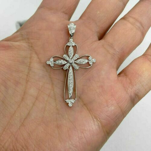 1.50Ct Round Cut Lab Created Diamond Cross Pendant 14K White Gold Plated - Picture 1 of 4