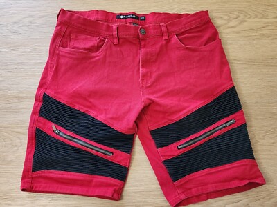 Rocawear Red Denim Denot Shorts Zipper Fly Front Pocket Accent Mens Size 40 Red