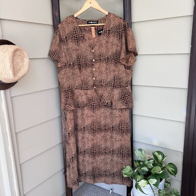 Sag Harbor Animal Print Brown Dress & Blouse Set Sheer Button Up Womens Size 18