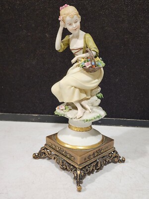 Capodimonte Benacchio Triade LADY WITH FLOWER BASKET Figurine Ornate Brass Base