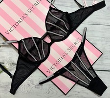 Victoria's Secret Shine Strap Unlined Low-Cut Demi Bra Thong Set Sheer Black