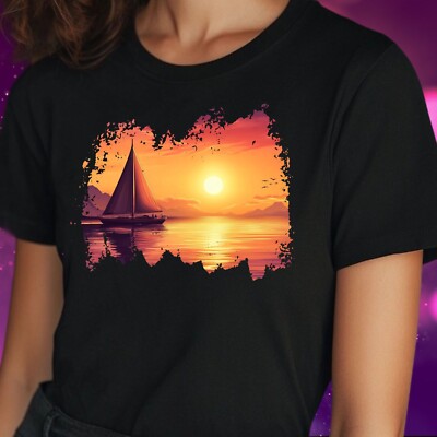 T-Shirt Frauen Segelboot Sonnenuntergang Motiv Baumwolle Größe S bis 3XL