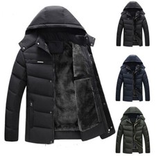 Men Parka Padded Quilted Fleece Fur Lined Hooded Winter Jacket Heavy Warm Coat