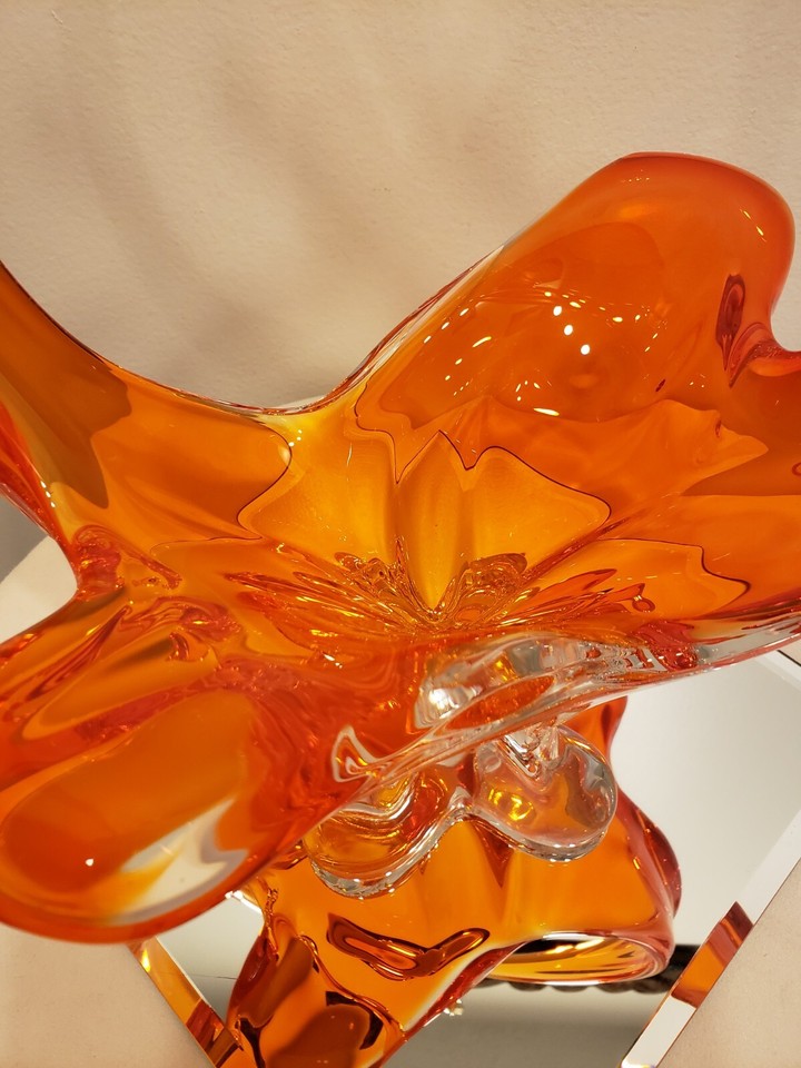 Vintage Etched Chalet Tangerine Orange Art Glass Cross Tipped Basket