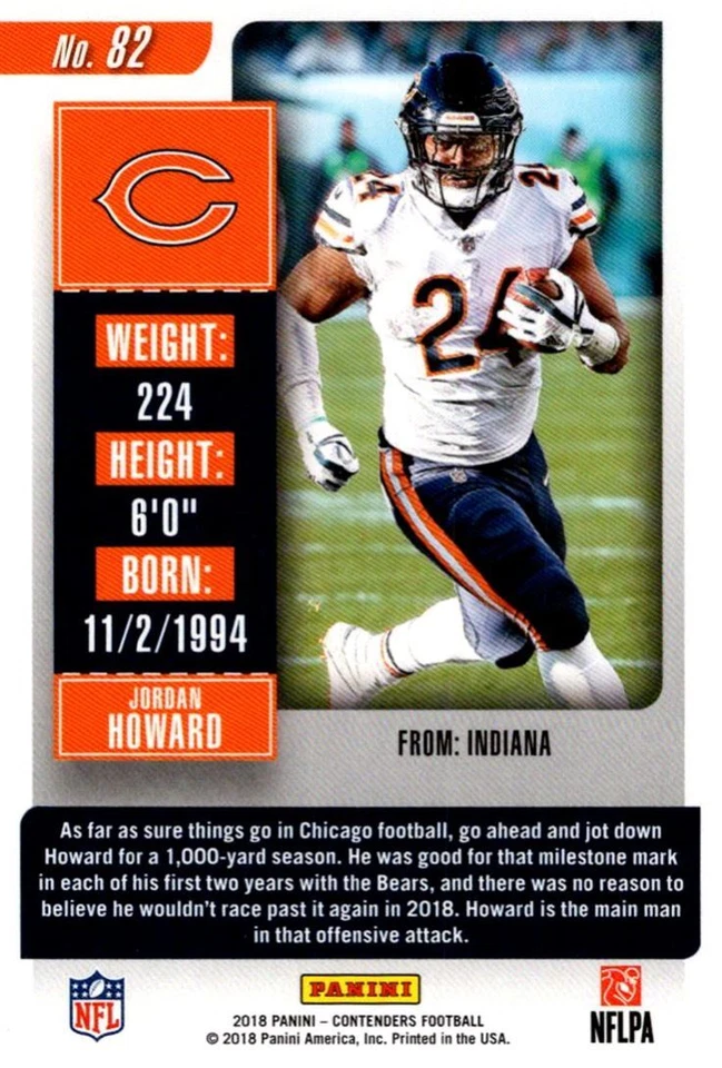 2018 Panini Contenders Jordan Howard Chicago Bears #82 - Image 2 of 2