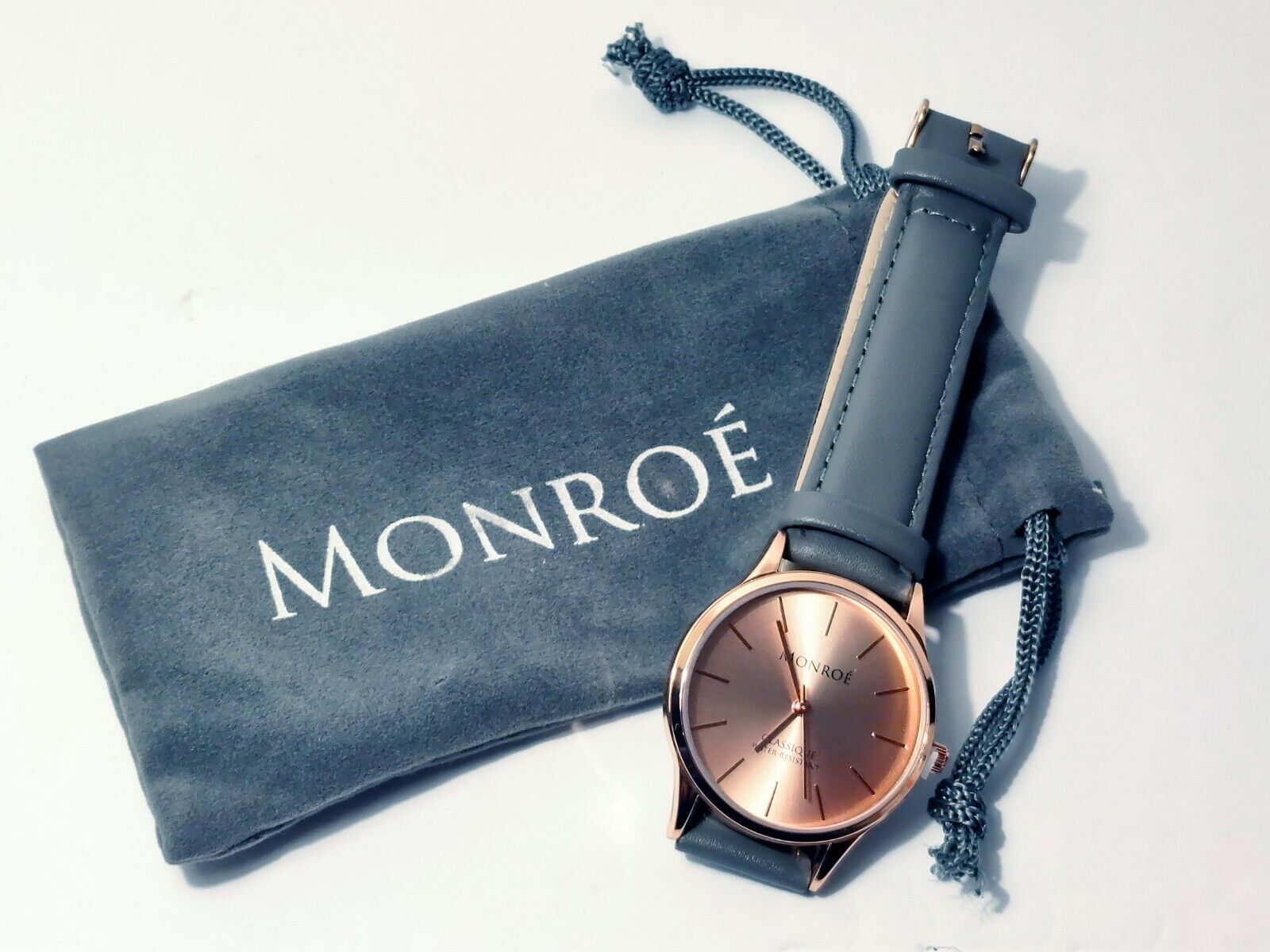 Monroe Watch Classique In Sunburst Solerose Gray Leather New With Duster Bag 