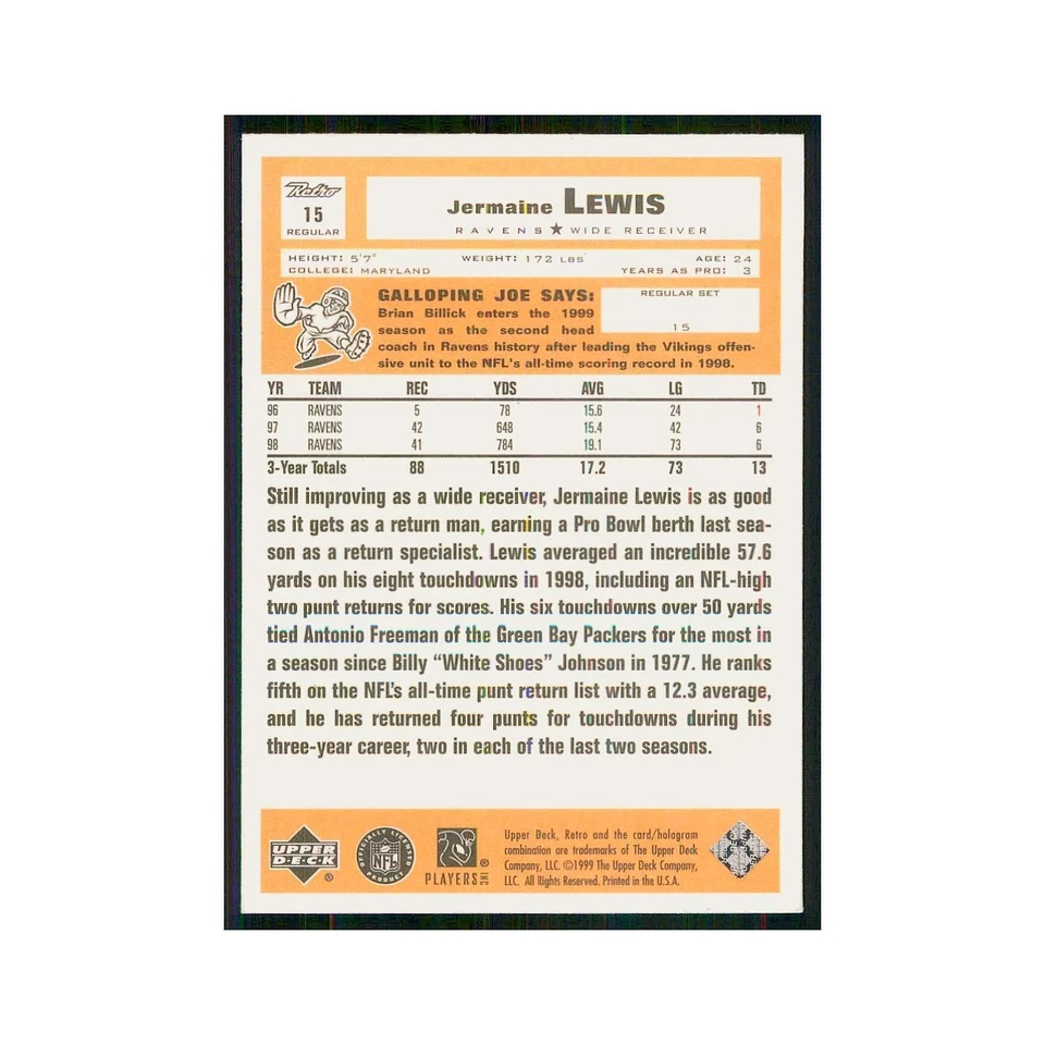 1999 Upper Deck Retro Jermaine Lewis Ravens #15 - Image 2 of 3