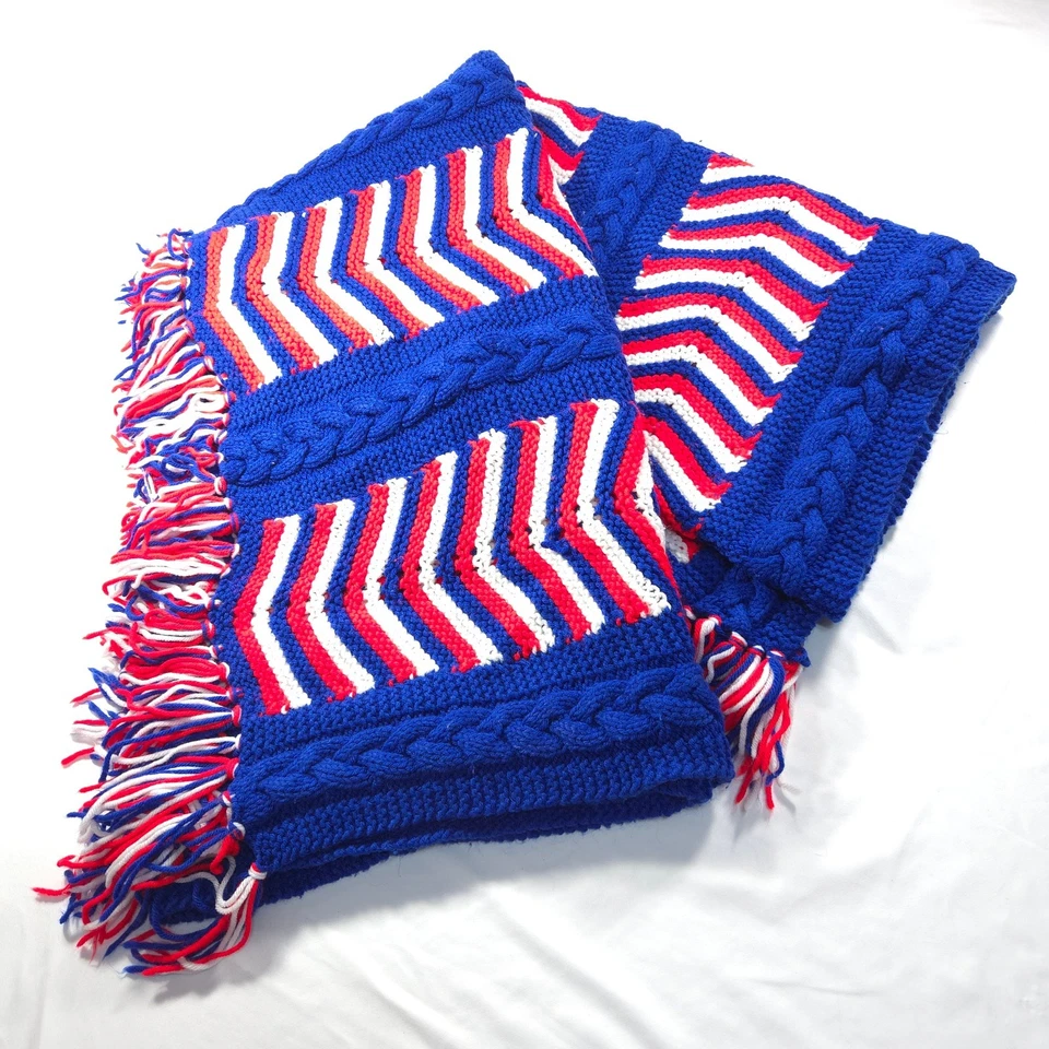 Manta afgana vintage hecha a mano ganchillo tejido a rayas 45x62 rojo blanco azul Foto 2 de 4