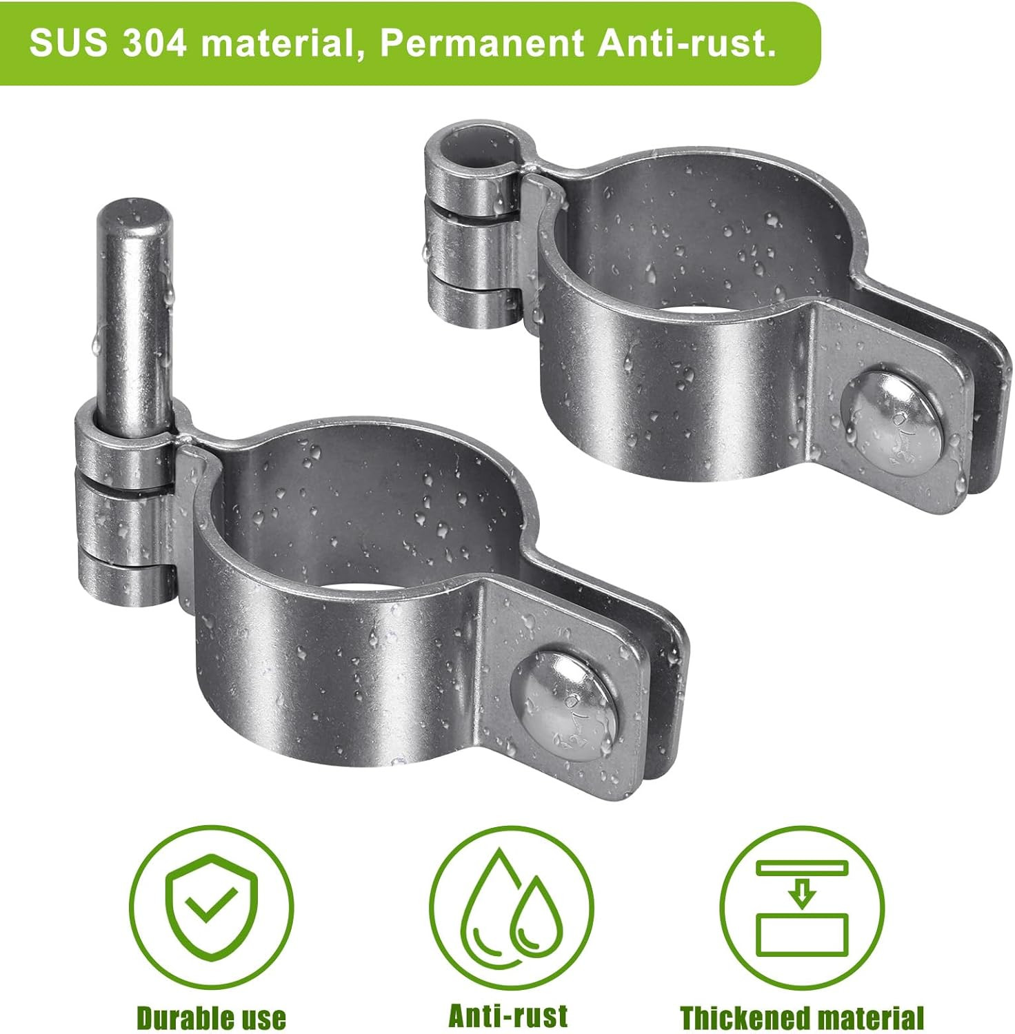 2-3/8” Chain Link Gate Post Hinge Kit, 304 Stainless, 4Pc Male/Female, 500lb Max