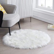 Round Fur Fluffy Area Rug for Bedroom, White Faux Fur Rugs Furry Circle Rug