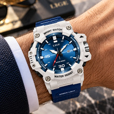 Montre Homme Quartz Lige - Blanc et Bleu avec bracelet Silicone Style Sport Luxe