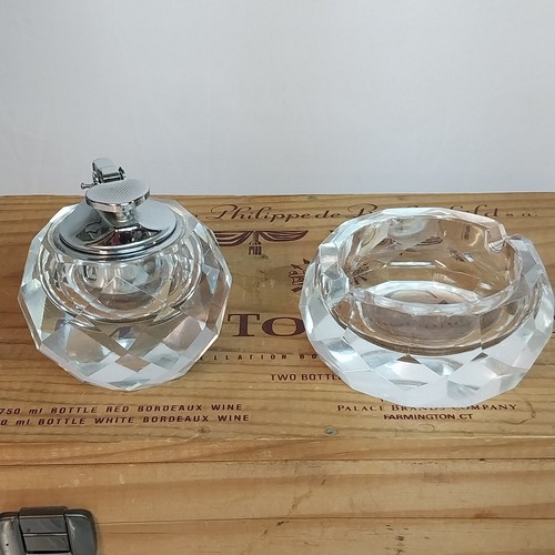 Vintage MCM Round Faucted Crystal Glass Table Desk Cigarette Lighter + Ashtray
