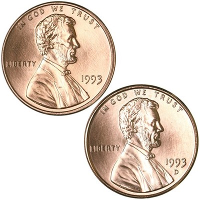 1993 P D Lincoln Memorial Cent Brilliant Uncirculated 2 Coin Year Set