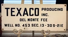Vintage Porcelain Texaco Del Monte Fee Oil Well Lease Sign Kern County CA  Vtg