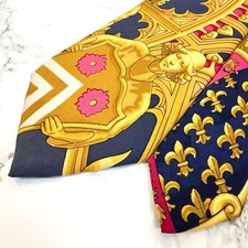 Hermes Navy Pattern Silk Scarf Luxury Gold Tie Used