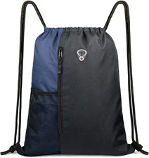 Large Drawstring Sports Gym Bag with Zipper and Mesh Pockets - Black/Navy