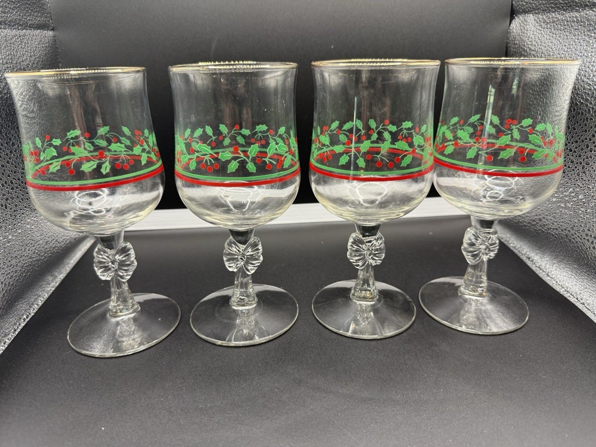 4-pc Set Vintage Arby's Christmas Stemmed Gold Rimmed Wine Glasses