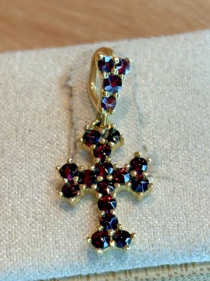 14K Gold Kreuz Anhänger Granat Edelstein Dunkel Rot 585 Gelbgold Kettenanhänger - Bild 3 von 4