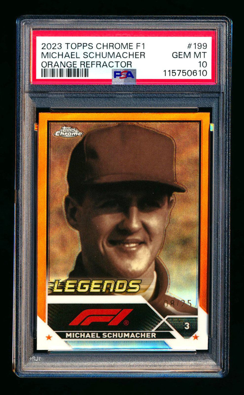 2023 Topps Chrome F1 #199 Michael Schumacher 1ST Orange Refractor #08/25 PSA 10!