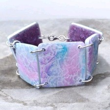 Handcrafted Reversible Polymer Clay Resin Silver Bracelet Pink Blue Purple