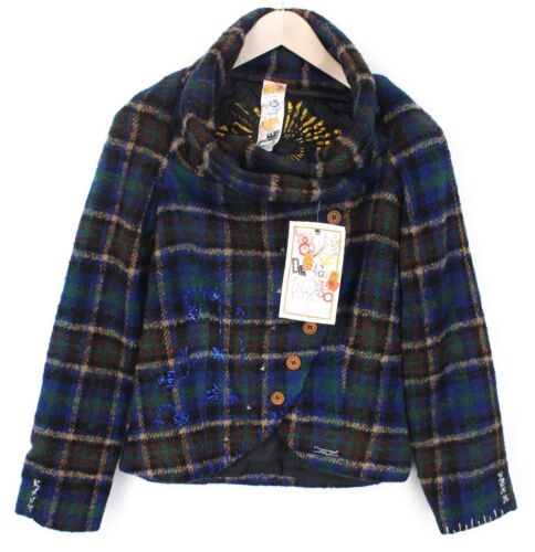 Desigual Mula Donna Cappotto EU38 Blu Quadri Ricamato Misto Lana Design