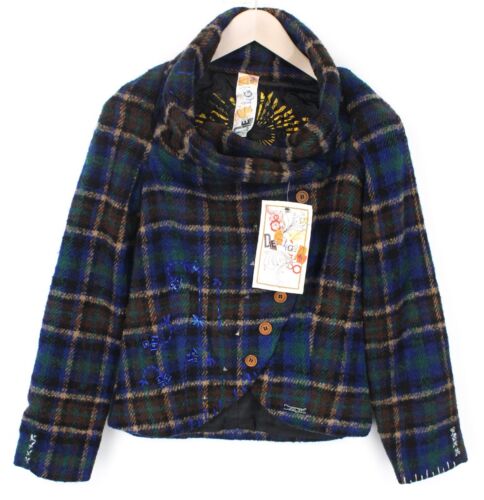 DESIGUAL Mula Women Coat EU38 Blue Check Embroidered Wool Blend Designer Logo - Picture 1 of 11