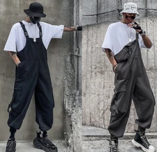 Mens Bib Pants Baggy Big Pocket Overalls Casual Japanese Loose Pants Trousers