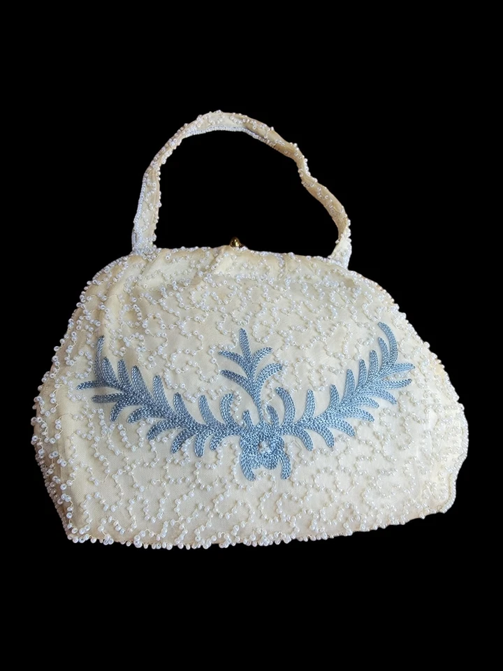 Cartera vintage de seda y cuentas de semillas hecha en Bélgica para puente de paja y tela Foto 2 de 4