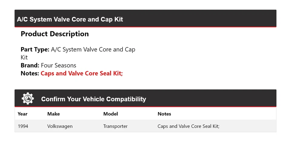 For 1994 Volkswagen Transporter A/C System Valve Core and Cap Kit 4 Seasons - Image 2 of 4
