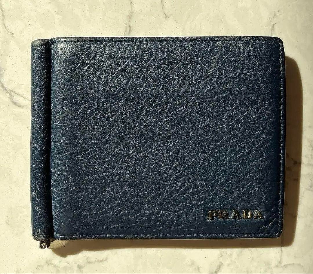 Prada Navy Leather Bifold Card Wallet with Money Clip Used