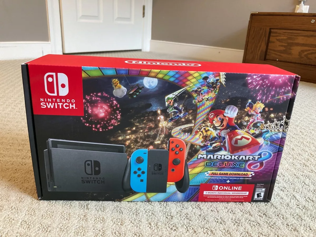 NEW Nintendo Switch Neon Blue Red Joy-Con + Mario Kart 8 Deluxe Bundle Full  Game