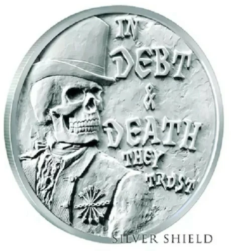 1 OZ .999 PURE SILVER SHIELD HALF PROOF DEBT & DEATH V3 GROUP MEMBERS ROUND COIN
