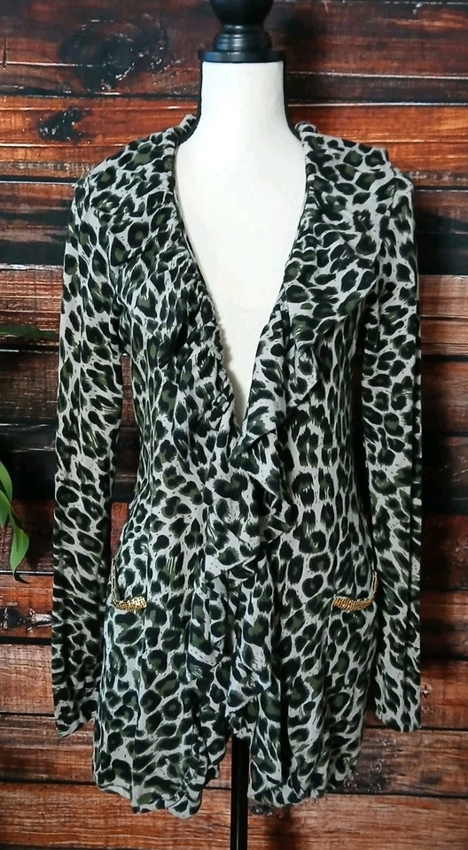 INC International Concepts XL Cárdigan Suéter Volantes Frontal Camuflaje Bolsillos Leopardo Foto 2 de 4