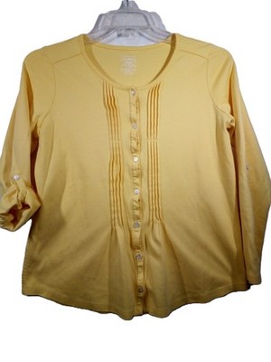 LL Bean Top Women M-Reg Yellow Pintuck Round Neck Roll Up Sleeve Button Up
