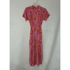 Poupette St Barth Becky Pink Floral Midi Dress Mandarin Collar XS Shirt Dress