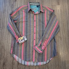 Robert Graham Shirt Men's L Flip Cuff Classic Vertical Stripe Woven Cotton EUC