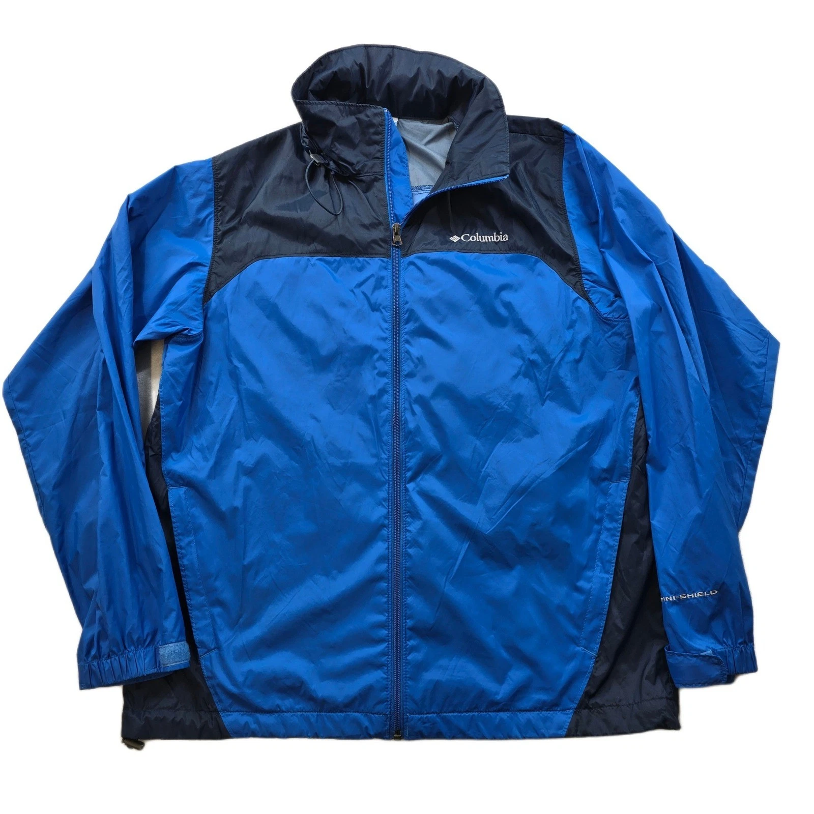 Columbia Omni-Shield Windbreaker Jacket Mens Medium Blue Navy Zip Stowaway Hood
