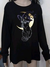 Halloween Witch Cat Tee Shirt Black Long Sleeve Top Womens Sz L New