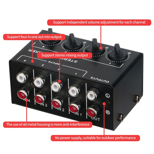 Mini 4 Channel Stereo Audio Mixer Sound Mixing Console RCA Inputs for Karaoke Q9 - Picture 6 of 11