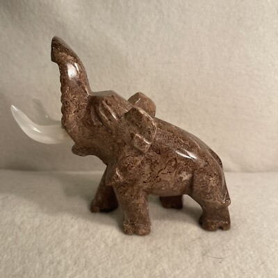 Hand Carved Brown Marble Stone Elephant Figurine 5  Tall