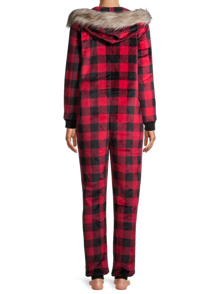 Unisex Erwachsene Buffalo Plaid Onesie Pyjama | Mit Kapuze & Taschen | Aus Polarfleece | Für Familie & Weihnachten