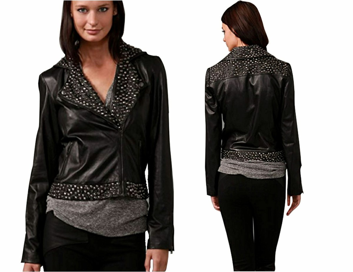 SHERI BODELL Ssz M Studded Black Lambskin Leather Biker Jacket 