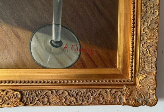 Pintura al óleo sobre lienzo grande - Botella de rojo (y dos vasos) - Marco dorado ornamentado Foto 3 de 3