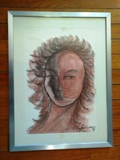 Disegno a carboncino VISO DI DONNA di CARMEN LAFRANCONI 1974 con cornice